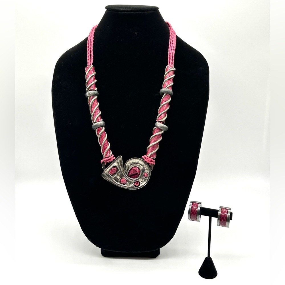 Wilma Spagli Necklace & Clip On Earrings Set ~Metal Berry Snakeskin Leather 32"